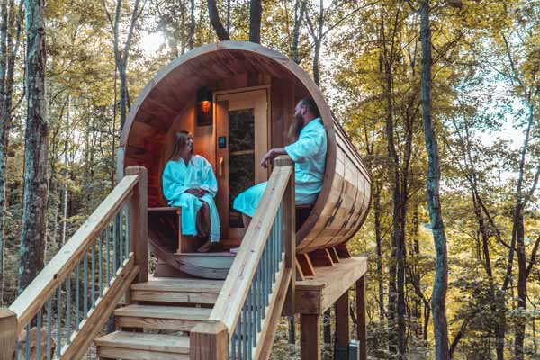 Hocking Hills Sauna Pod at night time.